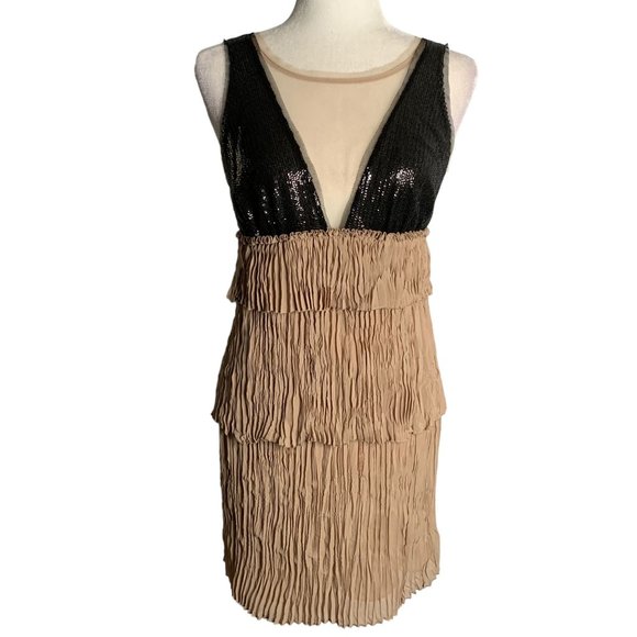 BCBG Dresses & Skirts - Vintage Y2K BCBG Pleated Mini Dress XS Tan Sequin Mesh Top Lined Zip Layered